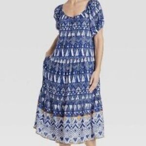 Knox Rose Blue Ikat Puff Sleeve Tiered Peasant Dress Ruffle Hem Size XXL